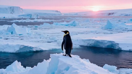 Penguin observes dawn, Elegant emperor penguin gazes over frozen sea - Powered by Adobe