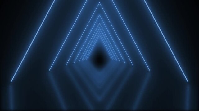 80s retro infinity tunnel of cool electric blue triangles of neon light beams in an seamless endless loop animated motion background with reflections 4K animation wallpaper backdrop
