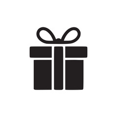 A simple black silhouette of a gift box with a bow on a white background in a minimalist style