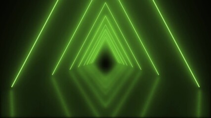 Continuous colour changing looping neon laser disco infinity light tunnel  glowing lights in a triangle chevron pyramid shape arch seamless moving forward in an endless graphic title animation 4K