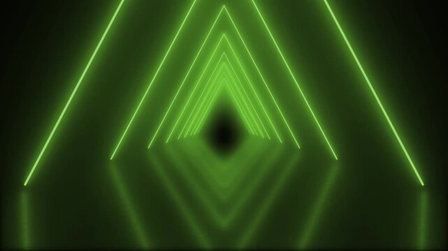 Continuous colour changing looping neon laser disco infinity light tunnel  glowing lights in a triangle chevron pyramid shape arch seamless moving forward in an endless graphic title animation 4K