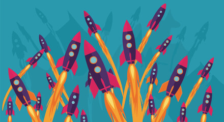 Bright illustration of multiple rockets taking off into the sky, conveying concepts of space travel, startup success, and business growth