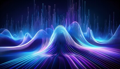 abstract digital landscape with glowing waves and vertical light streams in blue and purple hues