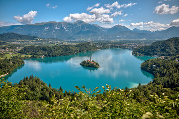 Lake Bled, Slovenia – July 22, 2025: Scenic views of Bled Island and its iconic Church of the...