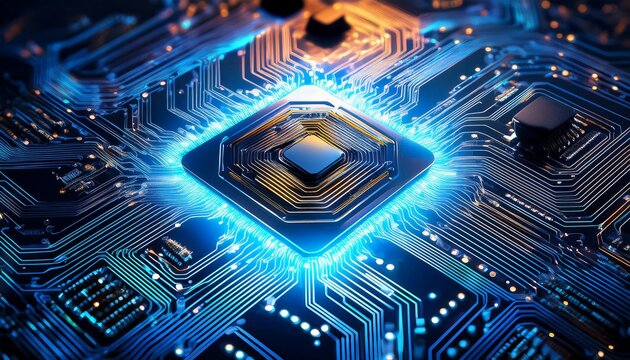 close up of a glowing microchip on a circuit board with illuminated connections