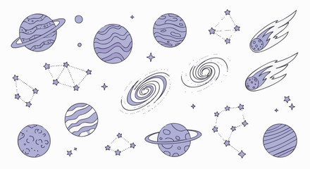 Cute doodle icons set of planets, galaxies, constellations, and comets in a simple, hand-drawn style, perfect for space-themed designs