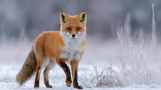 Hunting fox advances softly over snowcovered prairie under winter sky