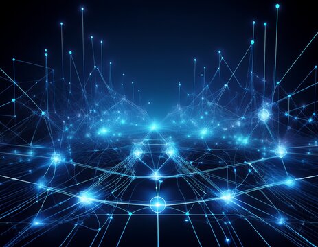 abstract network of glowing blue nodes and connections against a dark background