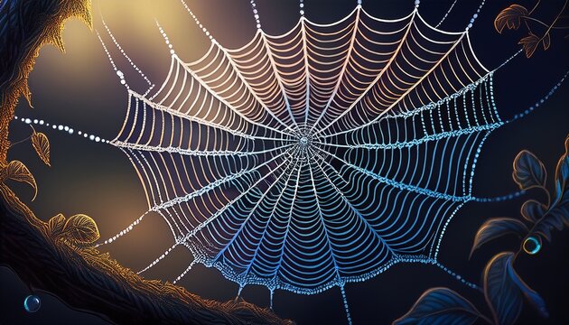 intricate hand drawn spider web with dew drops hand drawn