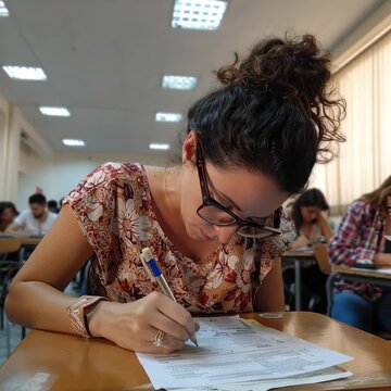Una estudiante se concentra llenando un formulario en un aula llena, inclinada sobre el pupitre mientras escribe con determinaci&oacute;n.