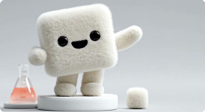 Un peque&ntilde;o personaje c&uacute;bico y esponjoso posa sobre una base blanca junto a un matraz rosado en un entorno minimalista.