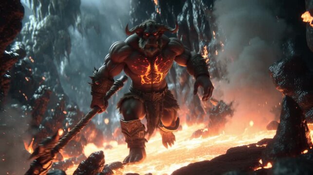Una criatura musculosa con cuernos y ojos encendidos emerge entre llamas y rocas ardientes en un entorno volc&aacute;nico.