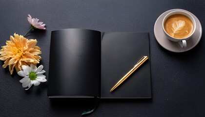 black notebook with golden pen coffee cup and flowers on dark surface