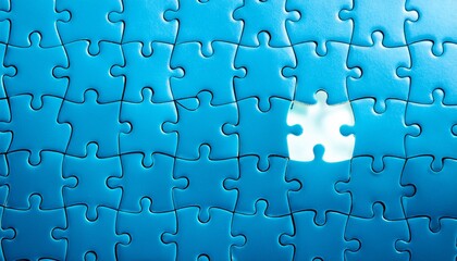 close up of a puzzle with a missing piece revealing a blue background