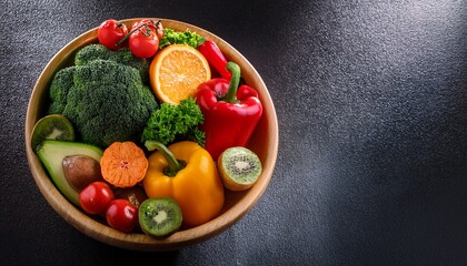 fresh vegetables and fruits in a wooden bowl on a dark surface