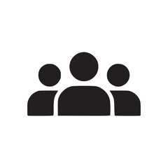 A simple black and white icon showing a group of three people in a minimalist design style icon