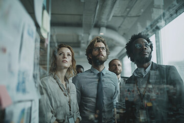 Group of business professionals looking at ideas on a glass wall in a contemporary office. Collaboration, teamwork, corporate strategy