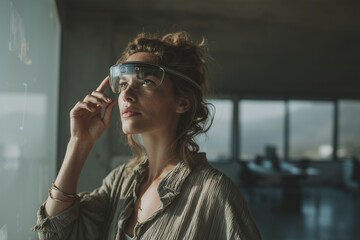 Woman using augmented reality smart glasses in modern office interior