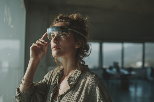Woman using augmented reality smart glasses in modern office interior
