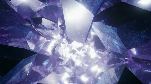 Flying Through a Purple Crystal Cave. Abstract 3D animation of a sparkling amethyst cavern with a bright core.Seamless loop.