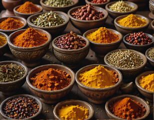 Fototapeta premium Assorted colorful spices in traditional bowls on a rustic wooden table.