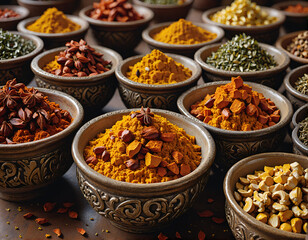 Assorted colorful spices in traditional bowls on a rustic wooden table.