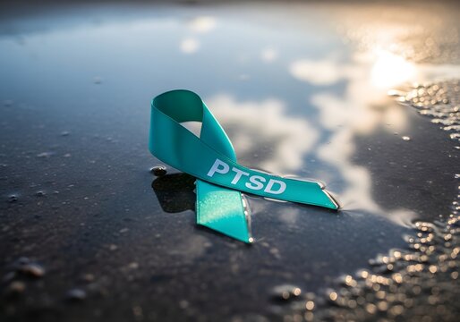A teal satin PTSD awareness ribbon lies on a calm, reflective puddle after a storm. Represents finding peace, recovery, and hope after trauma. Photorealistic style.