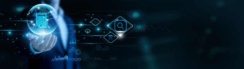 Fototapeta premium Businessman hand hold Audit and global networking, ensuring financial accuracy. Compliance checks strengthen governance, transparent reports support responsible business operations.