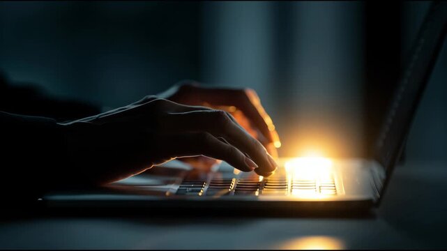 Keyboard Typing in Low Light as Fingers Glow on a Laptop in a Quiet Room at Night