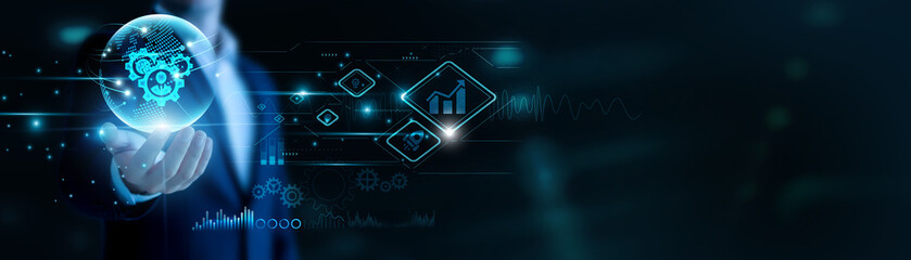 Businessman hand hold Business Administration and global networking, coordinating operations. Smart management fosters growth, collaborative leadership elevates success.