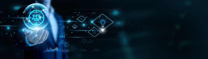 Businessman hand hold Business Targeting and global networking, optimizing market focus. Data-driven strategies enhance engagement, precision drives sales success.