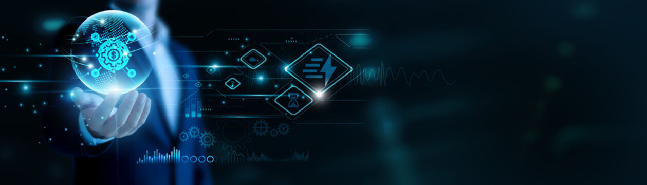 Businessman hand hold Business Integration and global networking, connecting systems. Seamless workflows improve efficiency, unified processes support scalable growth.