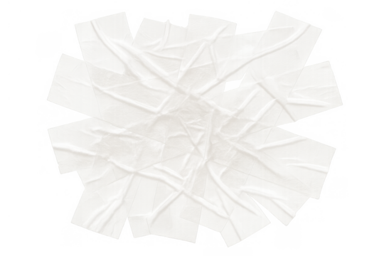 Crumpled white masking tape strips creating a textured star shape, adhesive paper pieces forming an abstract sign, transparent background