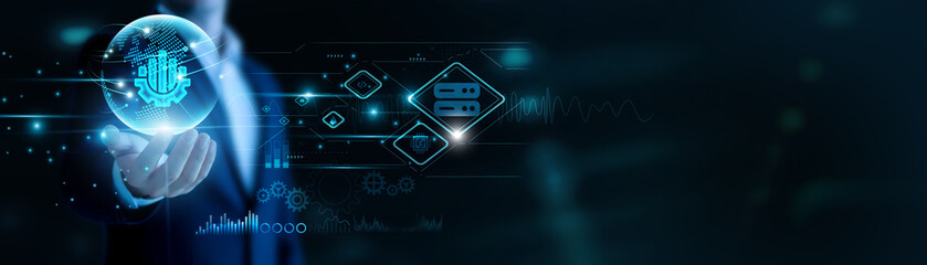 Businessman hand hold Data Science and global networking, unlocking deep insights. Predictive analytics guide decisions, smart algorithms empower digital innovation.