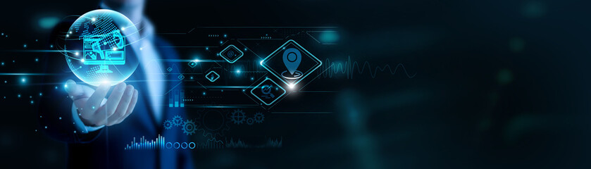 Businessman hand hold Digital Marketing and global networking, boosting brand visibility. Social analytics drive engagement, campaigns amplify business reach.