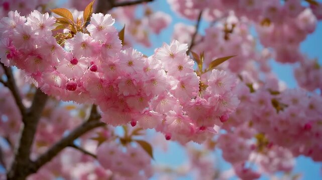 Vibrant pink cherry blossoms burst forth against a clear blue spring sky, heralding the beauty of the season.