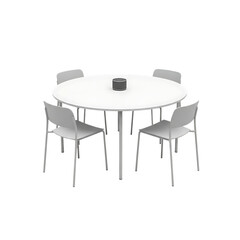 Round white table with four white chairs and a smart speaker in the center on a black background