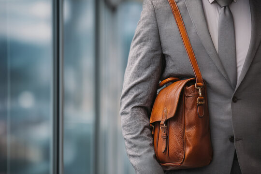 A man wearing a suit and tie is holding a brown leather briefcase - Powered by Adobe