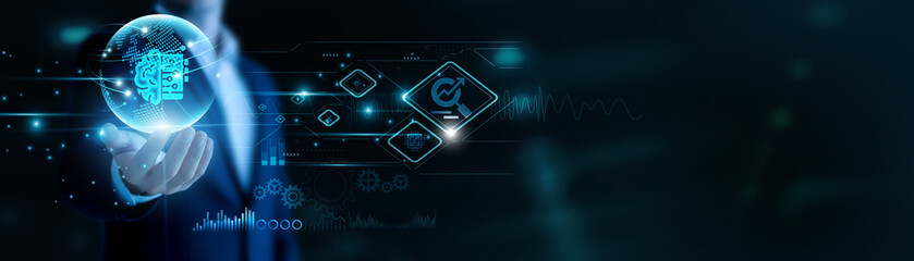 Businessman hand hold Machine Learning and global networking, analyzing smart data. Predictive models improve outcomes, automation enhances real-time decision-making.