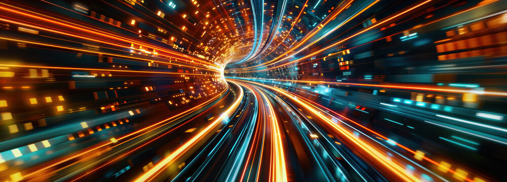Digital Highway: A dynamic visual symphony of data streams, showcasing the seamless flow of information through a digital tunnel, evoking innovation and the fast pace of technology.