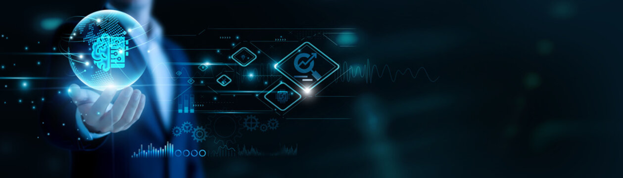 Businessman hand hold Machine Learning and global networking, analyzing smart data. Predictive models improve outcomes, automation enhances real-time decision-making.