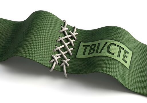 A green, thick canvas ribbon with a visible stitched repair, rendered in 3D on a white background. Represents Traumatic Brain Injury and CTE awareness, resilience, and recovery.