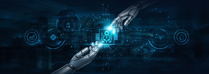 Hold on, robot hands power Agtech and futuristic interface, revolutionizing farming. Precision agriculture. Smart sensors optimize crop growth and resource management sustainably.