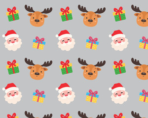 Seamless Christmas pattern. Reindeer, Santa, and gifts. Isolated white background. Vector illustration