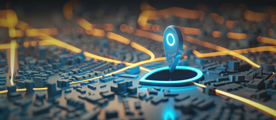 Digital Cityscape Navigation: A futuristic digital map illuminated with glowing lines, with a central location marker, symbolizing the convergence of technology and urban planning.