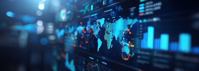 Global Data Display: A digital interface showcases a world map overlaid with dynamic data visualizations, highlighting international connections and information flows within the complex digital realm.