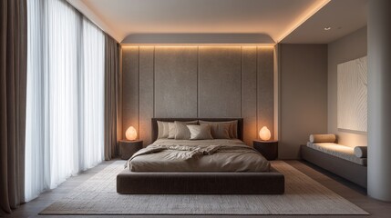 bedroom featuring a king-size bed with soft, neutral linens, a floor-to-ceiling window with sheer curtains, a textured backlit headboard, and two glowing salt lamps, creating a tranquil atmosphere.