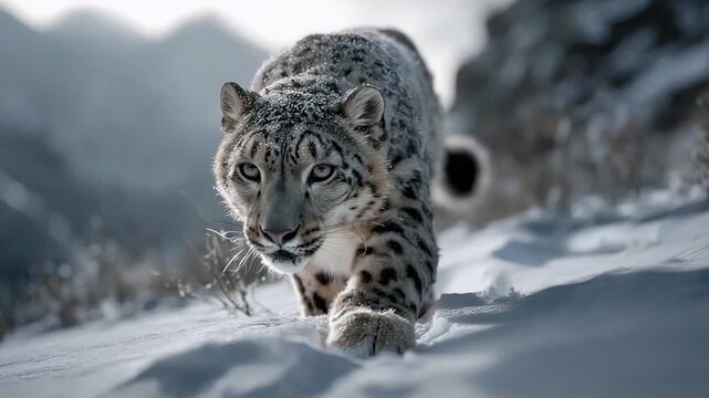 Wild cat charging across snowy terrain with explosive energy