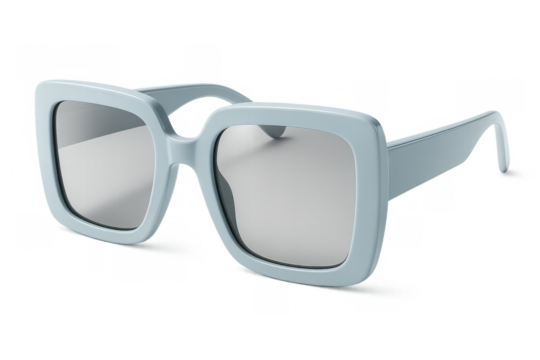 Trendy square light blue women's sunglasses with thick frames and mirrored lenses, representing fashion and summer style