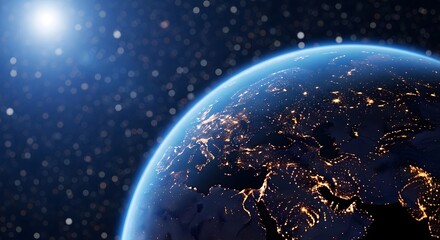 Fototapeta premium Glowing earth at night with bright sun and stars in space